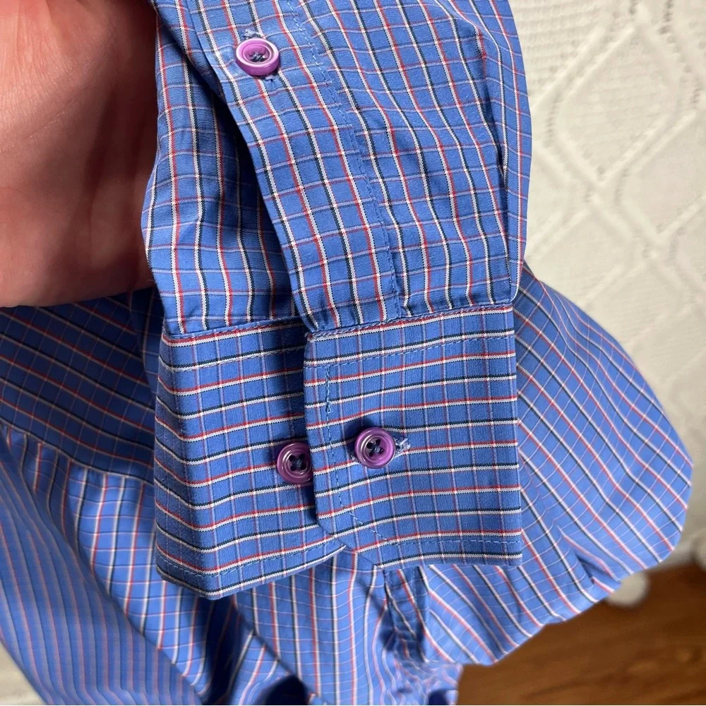 SILKINA‎ | Button Down Men's Dress Shirt Checkered Print Blue 42cm
